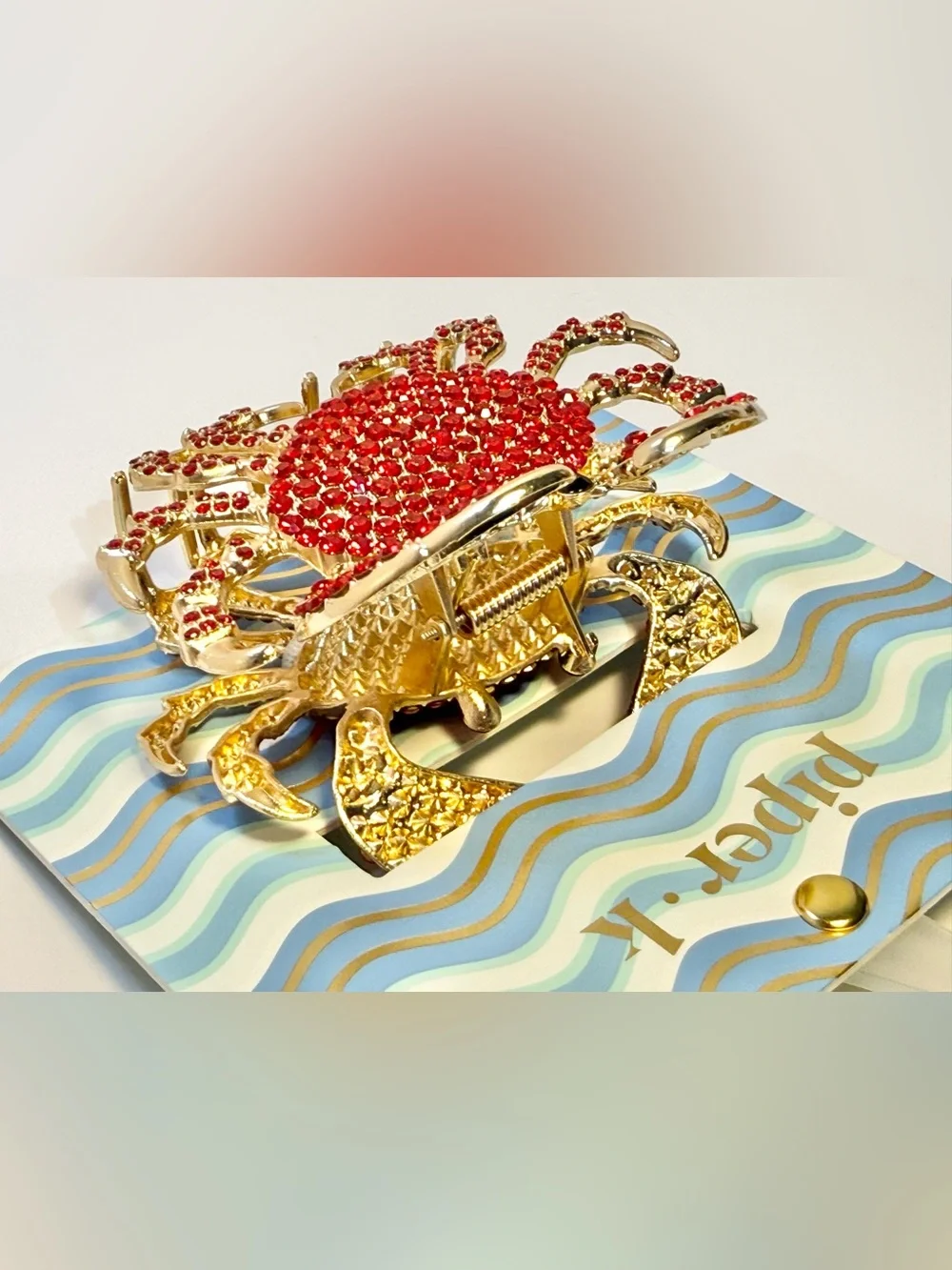 Piper K Red Rhinestone Crab Hair Claw Clip Gold Tone Coastal Nautical Sea Life